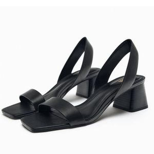 Zara NWT Black Block Heel Leather Sandals Size 10